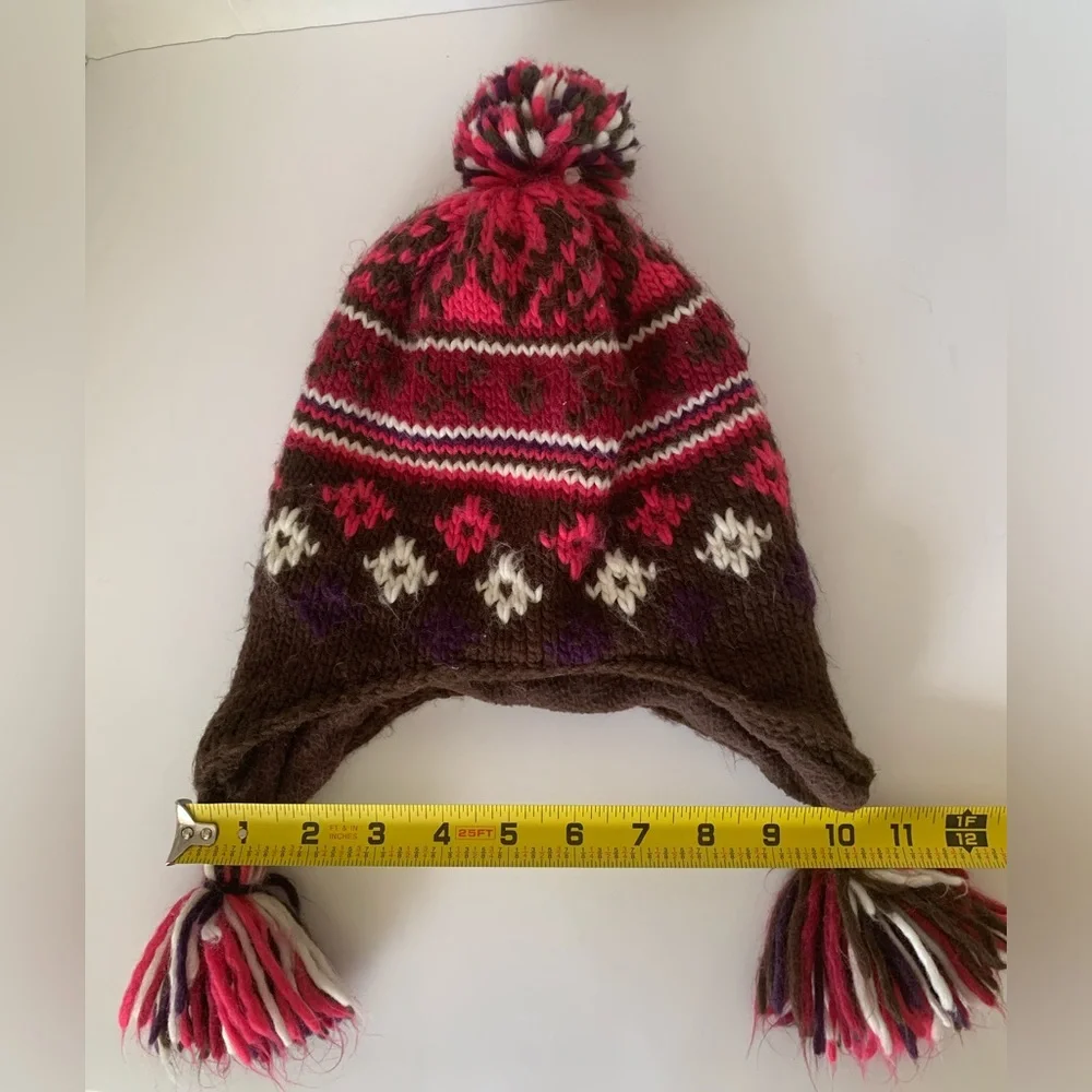 Knit Fleece Lined Hat Youth Size 4-7 Pink Brown White Ear Flap Pom Pom Tassels